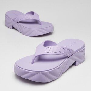 Gucci Purple Embossed Rubber Logo Platform Thong Sandals Size 5.5/36